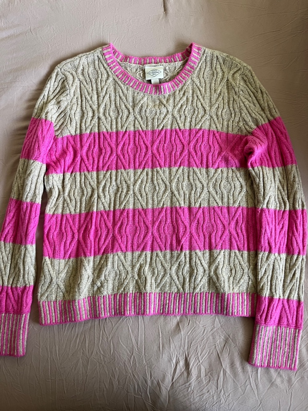 St. John's Bay Pink & Beige Cable Stripe Crewneck Sweater